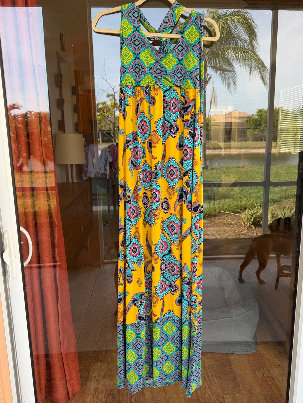 👉🏼LIKE NEW👈🏼 Tracy Negoshian Yellow Patterned Halter Maxi Dress Sz. XL